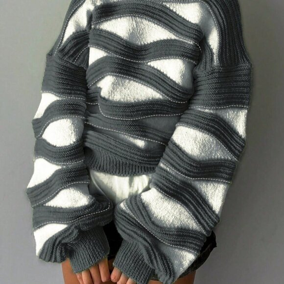 Ash Casual Women's Round Neck Wave Stripe Color Long-Sleeved Knit Sweater - Picture 4 of 4